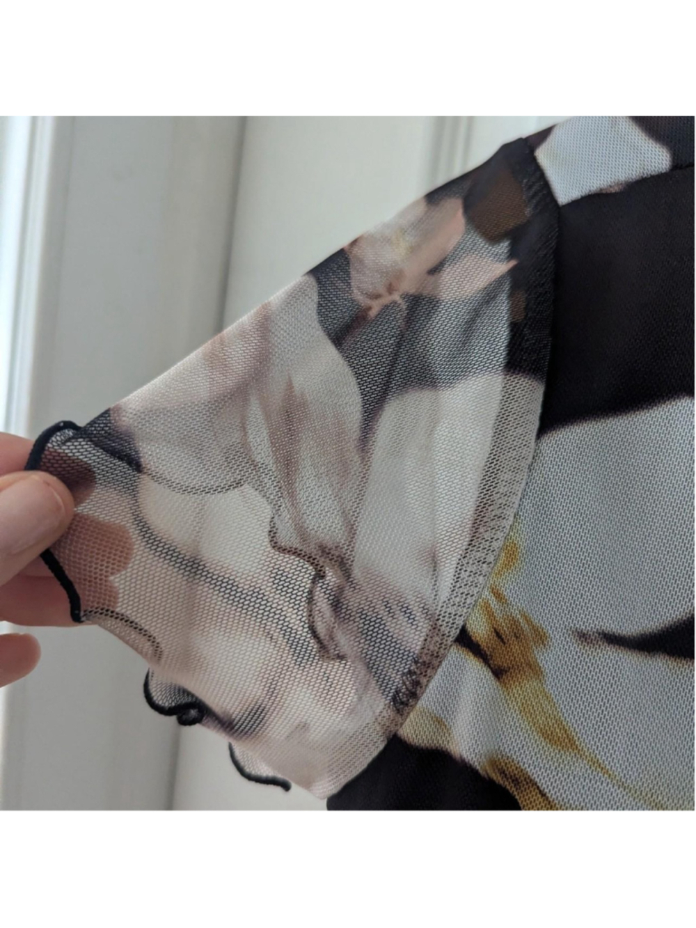 Ardene Black Floral Y2K Sheer Blouse Ruffle Tie Front - Picture 9 of 10